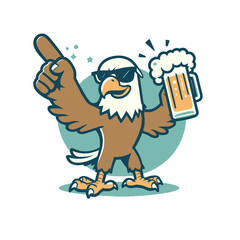 Cartoon eagle mascot holding a beer mug and pointing upward with a confident expression, wearing sunglasses. A fun and bold design for party or celebration themes. Isolated vector illustration.