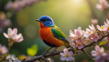 Fototapeta premium Colorful bird perched on a branch surrounded by blooming flowers in a soft sunlight glow