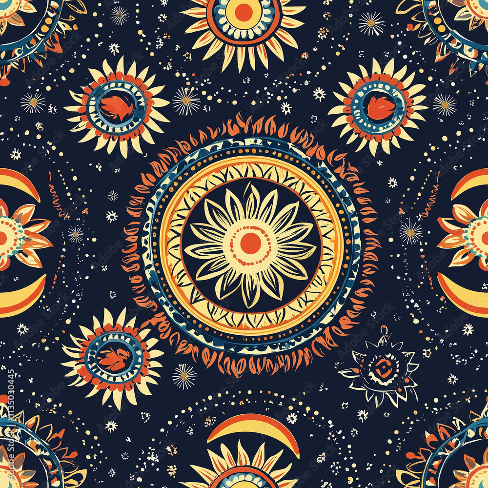 Poster a vibrant, celestial pattern featuring sun motifs and starry elements on a dark background, creating