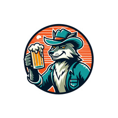Fototapeta premium Stylish wolf wearing a cowboy hat and holding a beer mug inside a circular frame with a sunset background. Isolated vector illustration perfect for bar logos and western themes.