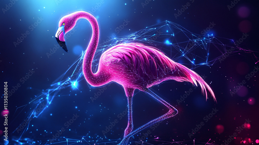 Poster a futuristic synchronized dance icon linked to a glowing flamingo, symbolizing online platforms stud