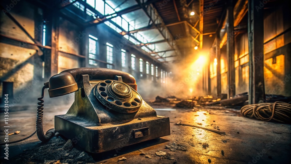 Poster low light photography of an old analog phone covered in dust inside a forgotten factory with shallow
