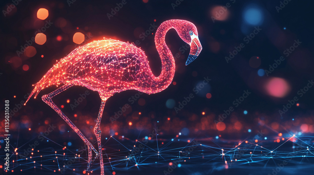 Poster a futuristic synchronized dance icon linked to a glowing flamingo, symbolizing online platforms stud