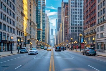 Naklejka premium Traffic flows along a lively downtown Chicago street lined with skyscrapers, showcasing a bright blue sky and bustling city life during a clear afternoon.