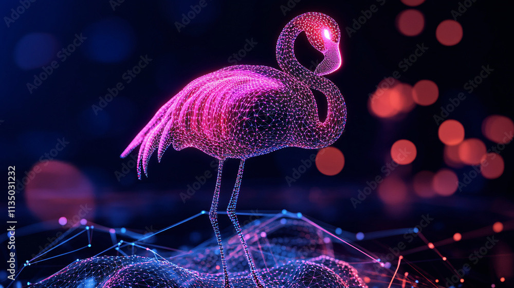 Poster a futuristic synchronized dance icon linked to a glowing flamingo, symbolizing online platforms stud