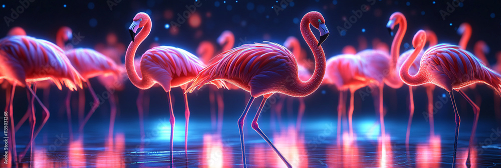 Poster a futuristic synchronized dance icon linked to a glowing flamingo, symbolizing online platforms stud