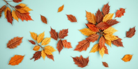 Obraz premium A Symphony of Autumn Hues Scattered Leaves in Shades of Gold, Orange, and Red Against a Serene Blue Background