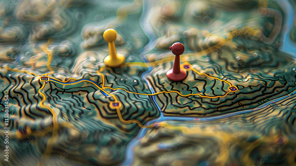 Poster connecting the dots: a close-up view of a detailed topographical map with two colorful push pins mar