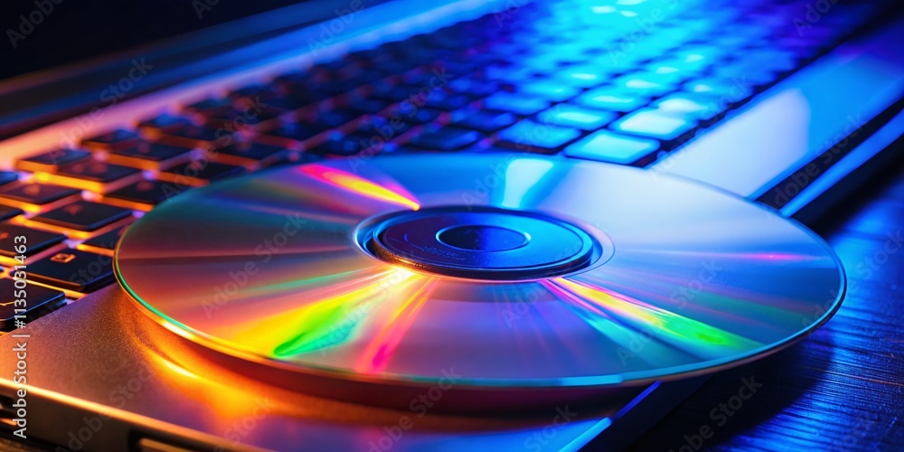 Aufkleber low light photography of a white cd resting on a laptop keyboard, capturing the subtle reflections a