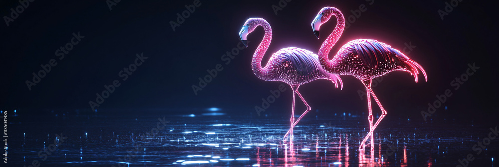 Poster a futuristic synchronized dance icon linked to a glowing flamingo, symbolizing online platforms stud