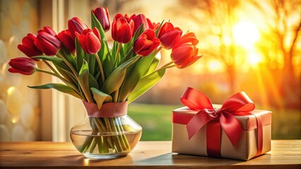 Fototapeta premium A Bouquet of Red Tulips in a Glass Vase, Set on a Wooden Table with a Wrapped Gift Box, Bathed in Warm Golden Sunlight