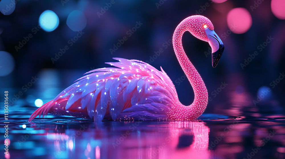 Poster a futuristic synchronized dance icon linked to a glowing flamingo, symbolizing online platforms stud