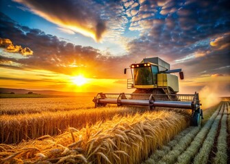 Fototapeta premium Low Light Photography of Combine Machine Harvesting in a Golden Ripe Wheat Field at Dusk, Showcasing the Beauty of Agriculture and Technology in Harmony