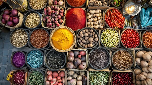 Aromatic Spices and Produce Abundantly Displayed at Market