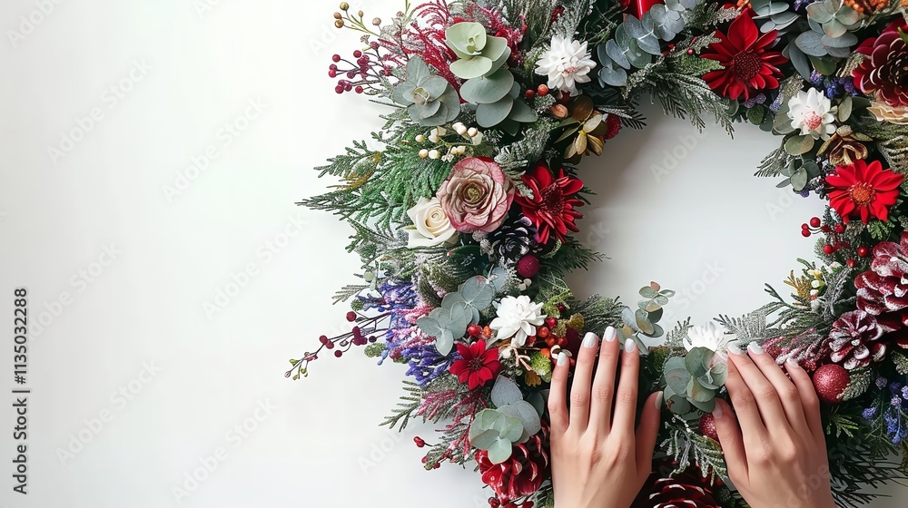 Poster an image of a lady creating a christmas wreath over a stark white setting and embellishing it via mu