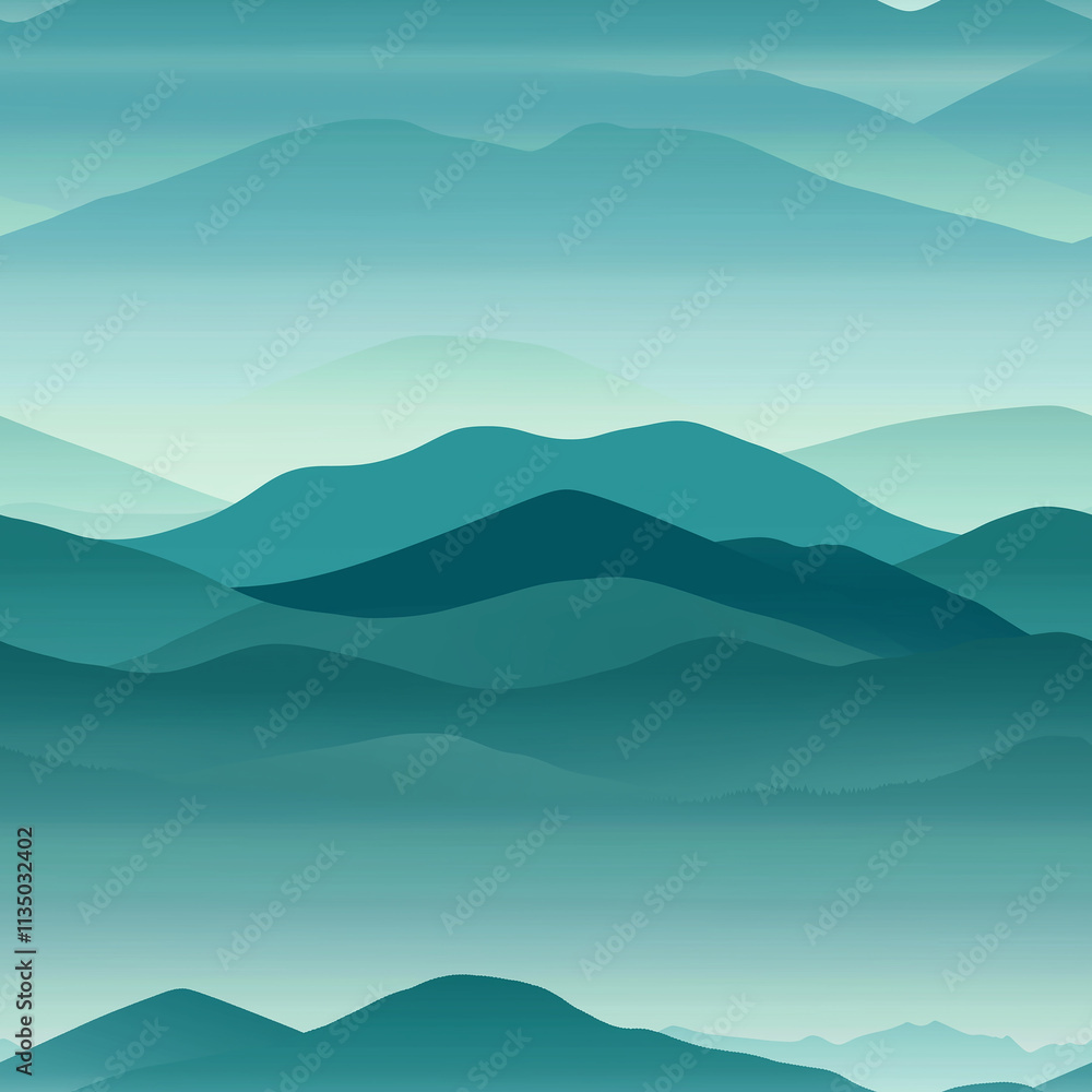 Poster a serene abstract landscape of layered teal mountains under a soft blue sky, creating a calming and 