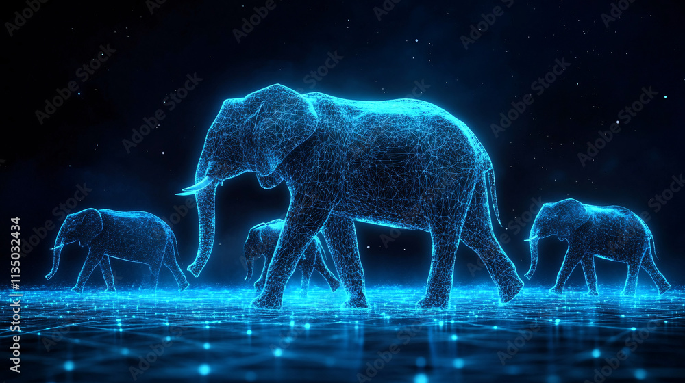 Poster a futuristic team-building icon linked to a glowing elephant herd, symbolizing online platforms expl