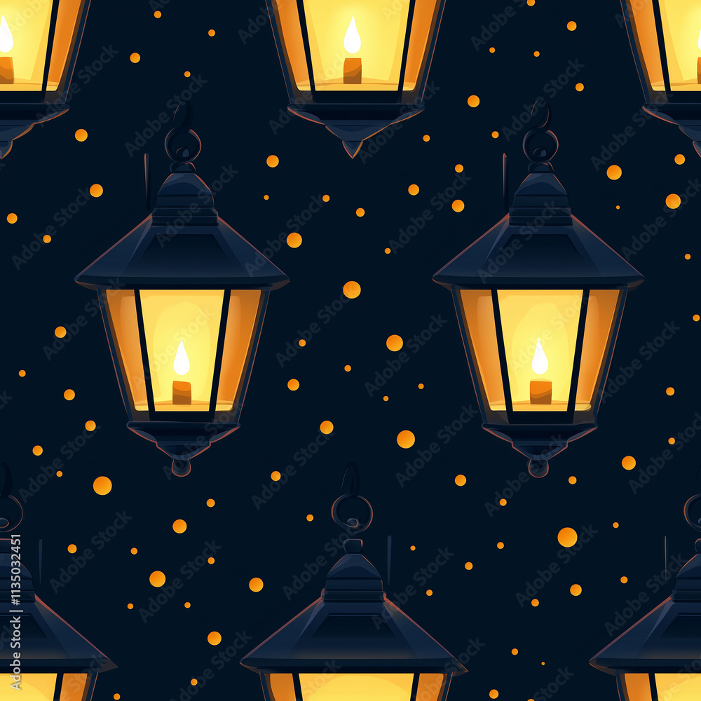 Poster a repeating pattern of vintage lanterns with glowing candles against a dark backdrop, creating a war