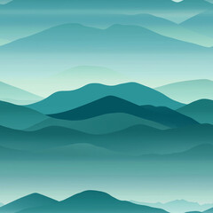 A serene abstract landscape of layered teal mountains under a soft blue sky, creating a calming and harmonious visual experience.
