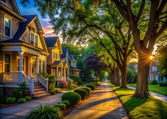 Fototapeta premium Low Light Summer Scene of a Charming Midwest Neighborhood Street in Lemont, Illinois, Showcasing Old Homes and Lush Green Trees on a Serene Evening Walk