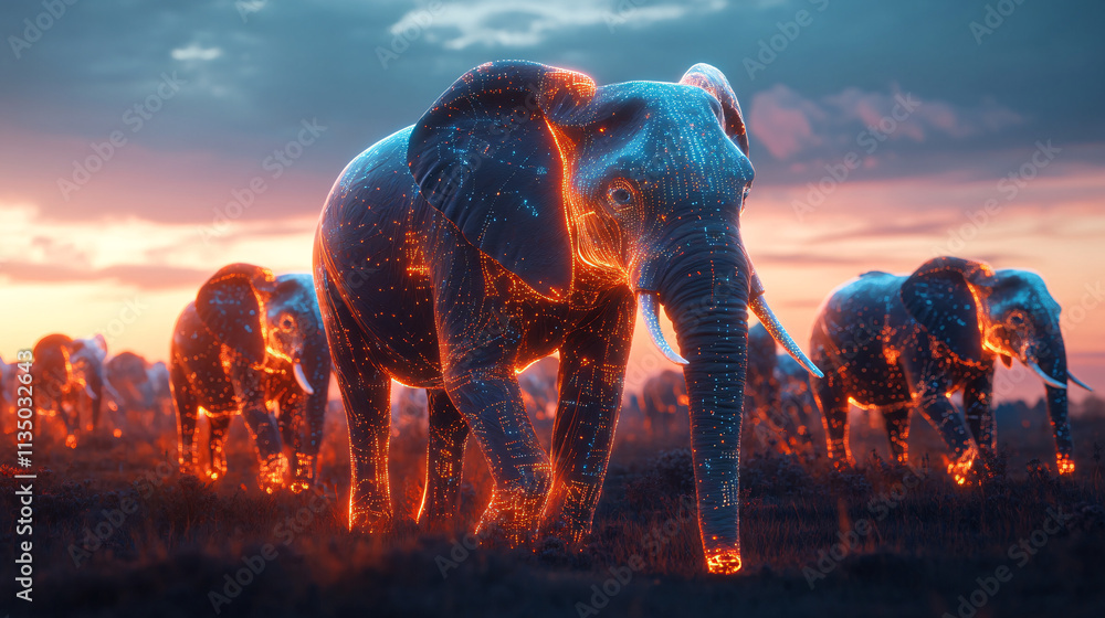 Poster a futuristic team-building icon linked to a glowing elephant herd, symbolizing online platforms expl