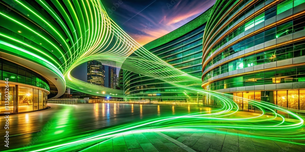 Poster luminous green neon waves with shiny sparks and curved bright speed line swirls in an architectural 