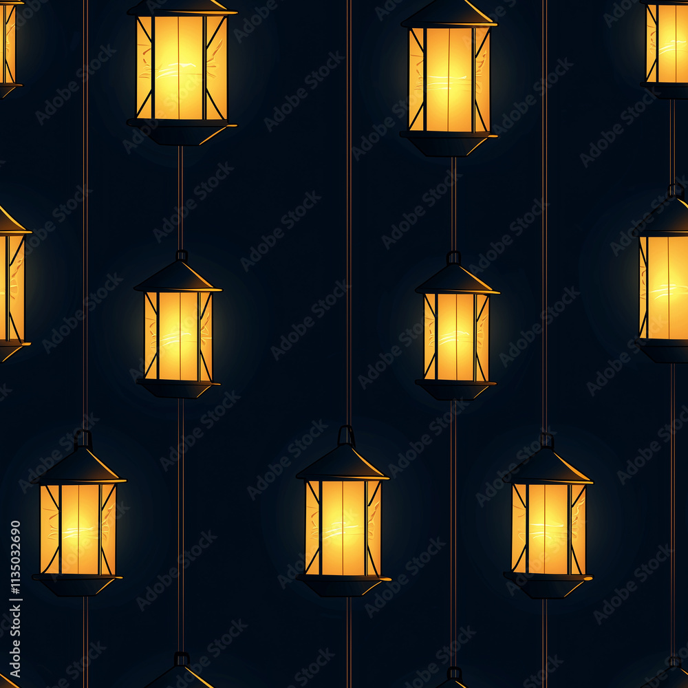 Poster a series of glowing lanterns suspended against a dark background, creating a warm and inviting atmos