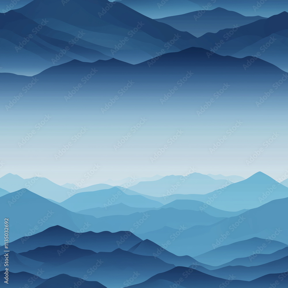 Poster a serene landscape featuring layered blue mountains with a gradient sky, creating a calming and tran