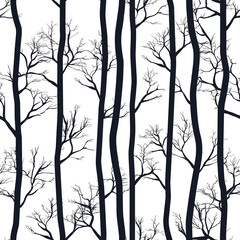 Obraz premium A minimalist design featuring tall, dark tree trunks with delicate branches, set against a clean white background.