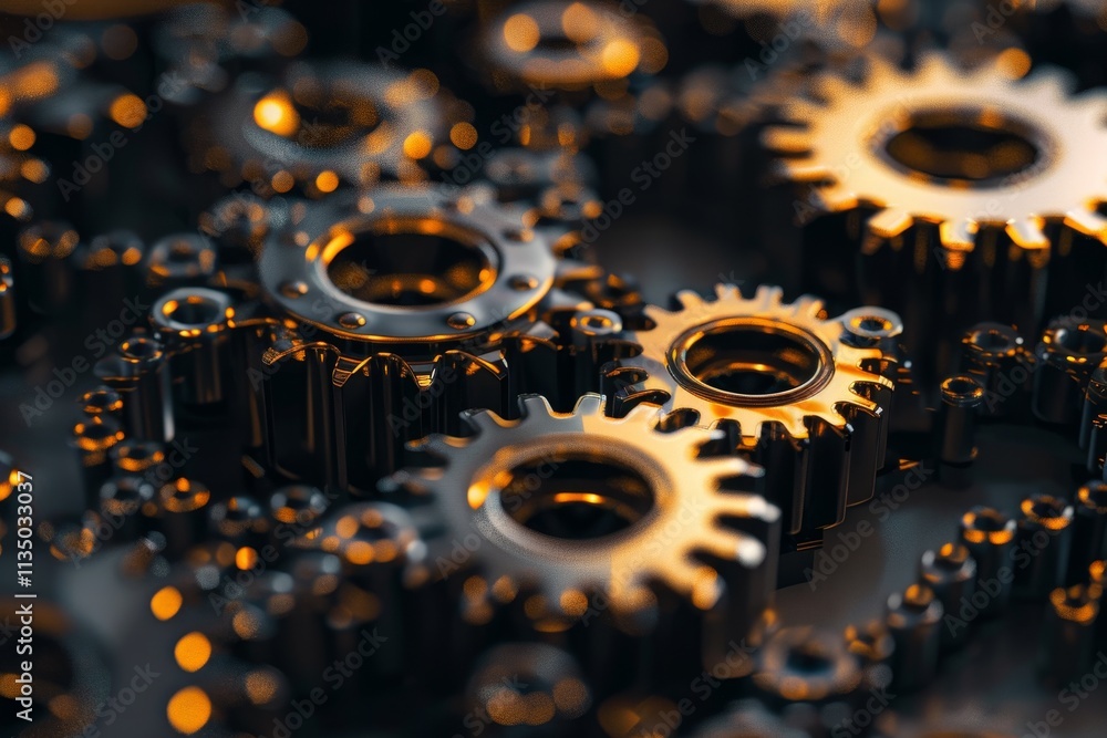 Poster a close-up view showcases various intricate gears interlocking with one another, emphasizing their m