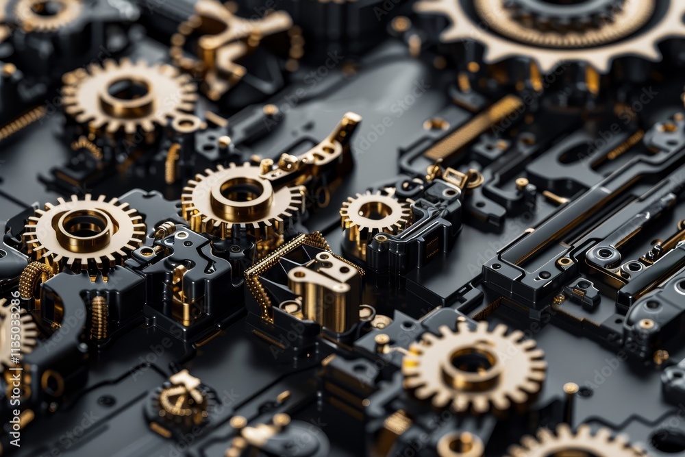 Poster a detailed arrangement of shiny gold and black mechanical gears and components is displayed, emphasi