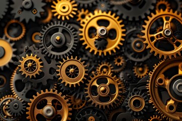 The arrangement features various sizes of brass and black gears interlocking in a complex pattern, emphasizing the beauty of mechanical engineering and design intricacies.