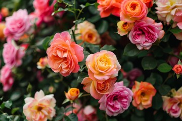 Obraz premium The garden features an array of roses in shades of pink, peach, and yellow, blooming beautifully against a backdrop of green leaves on a sunny afternoon.