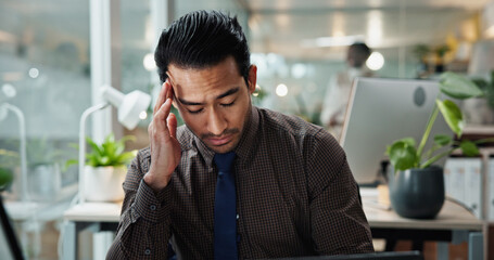 Frustrated, businessman and vertigo with headache at office for stress, debt or company bankruptcy....