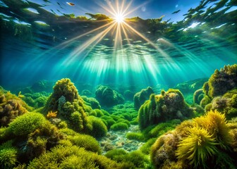 Lush Green Algae Flourishing Beneath the Waves in a Vibrant Underwater Landscape of the Sea, Showcasing the Beauty and Diversity of Marine Ecosystems and Life Forms