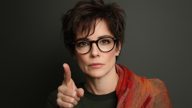 A confident woman with short hair, glasses, and a colorful scarf points directly at the viewer, expressing authority and determination.