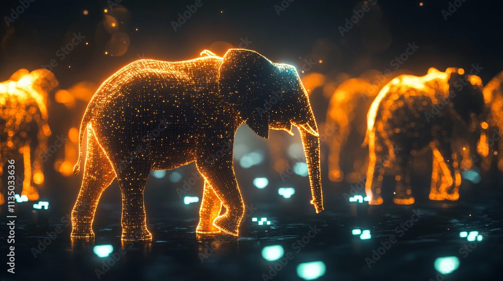 Poster a futuristic team-building icon linked to a glowing elephant herd, symbolizing online platforms expl