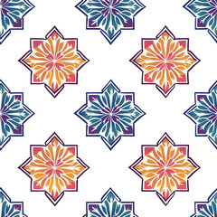 A vibrant, symmetrical pattern featuring colorful star motifs on a white background, perfect for textiles or wallpaper.