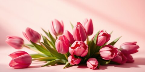 Obraz premium A cluster of vibrant pink tulips, their delicate petals unfurling gracefully, are bathed in soft, warm light, creating a serene and romantic atmosphere.