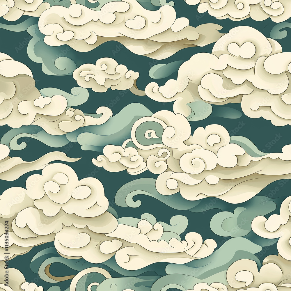 Poster a whimsical pattern of swirling clouds in soft cream and blue hues set against a deep teal backgroun