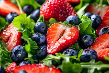 A vibrant assortment of fresh strawberries and blueberries atop a base of crisp leafy greens, illuminated by natural sunlight, highlighting their colors.