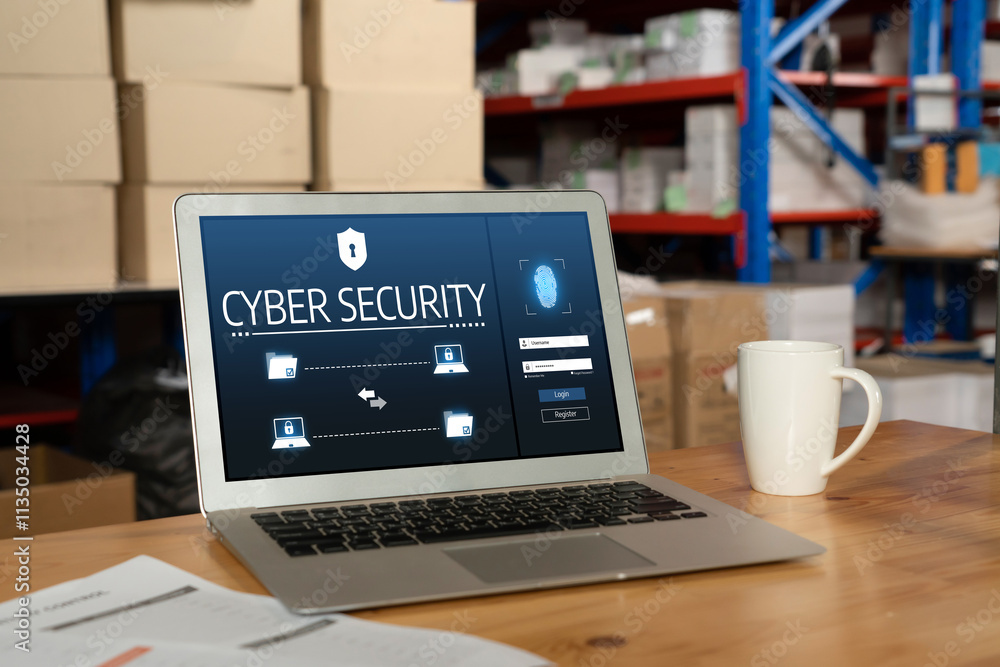 Poster cyber security system on computer screen protect private information snugly from hacker and cyber at