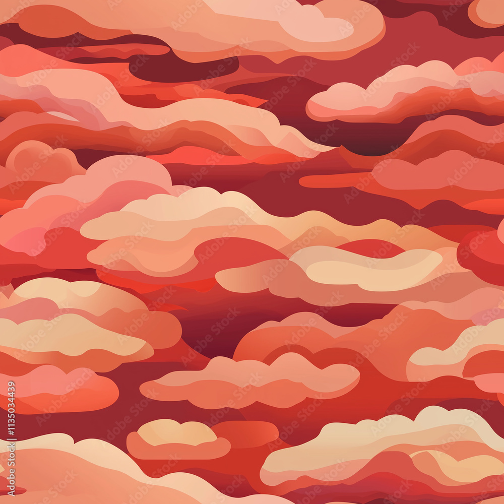 Poster a vibrant abstract representation of clouds in warm hues, blending reds and soft pinks, creating a d