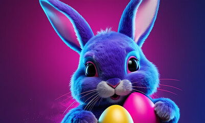 Neon Easter Bunny:  A vibrant, blue Easter bunny with playful eyes holds a yellow and pink egg, a whimsical and colorful celebration of spring.  