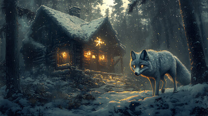 Wolf with glowing eyes in a snowy forest near a cozy cabin illuminated at twilight