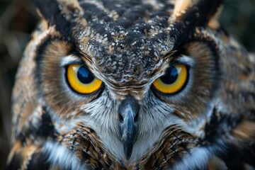 Obraz premium This majestic great horned owl displays its captivating yellow eyes and intense gaze, highlighting the details of its feathers and fierce demeanor in bright daylight.