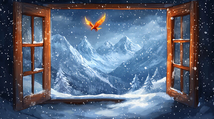 Firebird is hovering through the snowy mountain landscape visible from an open wooden window