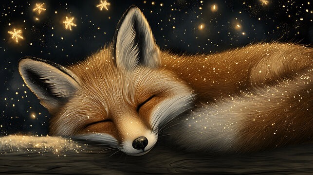 Sleeping fox in a magical fairytale setting with sparkling stars and snowflakes