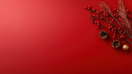 Fototapeta premium Golden Christmas Decorations on Red Background with Copy Space - Pine Cones, Berries, Stars, and Serpentine on Pine Branches