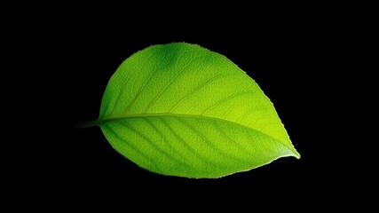 Obraz premium A vibrant green leaf with intricate veins, illuminated against a dark background, showcasing the delicate beauty of nature's design.